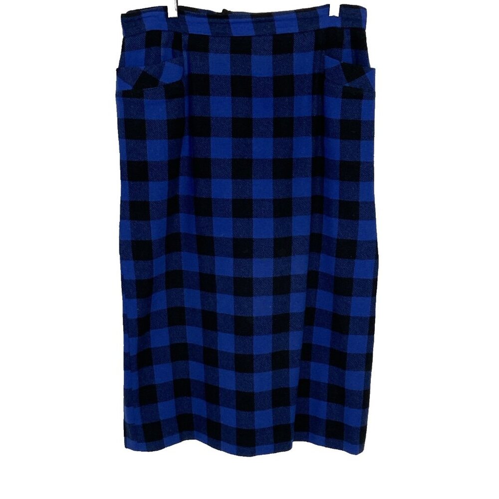 VTG Diane Von Furstenberg Wool Blend Pencil Skirt Sz 16 blue black check buffalo
